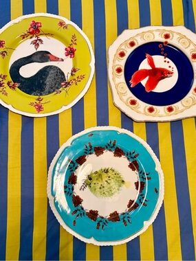 Anthropologie Decorative Fish & Bird Accent Plate - Turquoise, Yellow, Navy